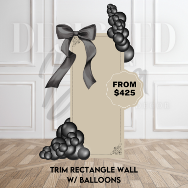 Slim trimmed rectangle wall backdrop with cascading balloons in coordinating event colors