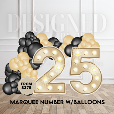 Oversized illuminated marquee numbers or letters surrounded by themed balloons for a birthday celebration