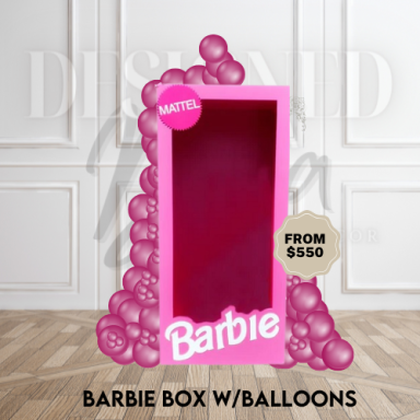 Life-size Barbie box prop filled with pink balloons for themed birthday parties and photo ops
