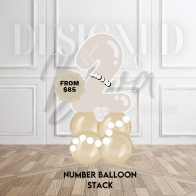 Colorful number balloon stack w/ clusters arranged at different heights for a playful party setup w/ themed add-ons.
