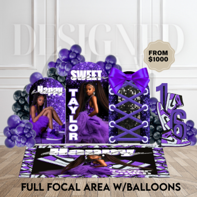 Deluxe event focal area with multiple balloon elements, signage, and themed props
