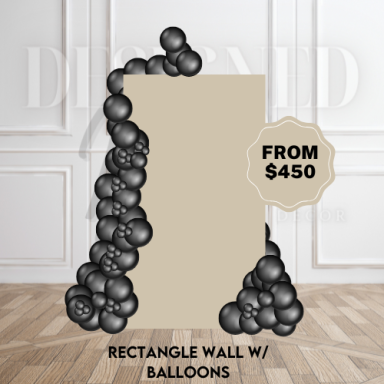 Modern rectangular backdrop wall styled with a bold balloon garland for events and photo areas; can also be customized as a photo board
