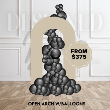 Elegant open arch backdrop with organic balloon clusters creating a whimsical frame