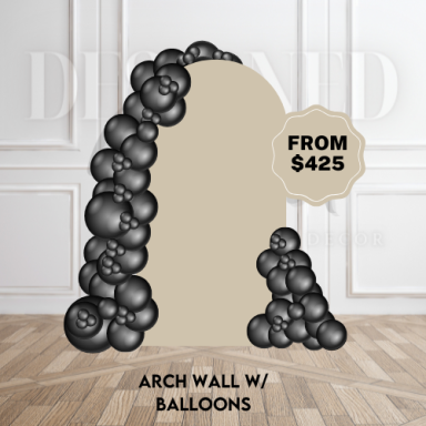 Modern arch backdrop wall styled with a bold balloon garland for events and photo areas; can also be customized as a photo board
