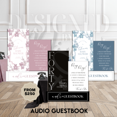 Vintage-style audio guestbook phone with custom signage, perfect for capturing voice messages from guests